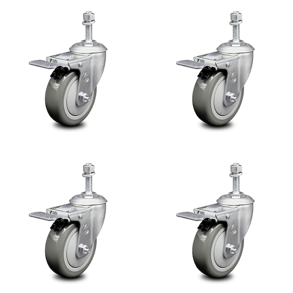 4 Inch Gray Polyurethane Swivel 10mm Stem Caster Set with Total Lock Brake